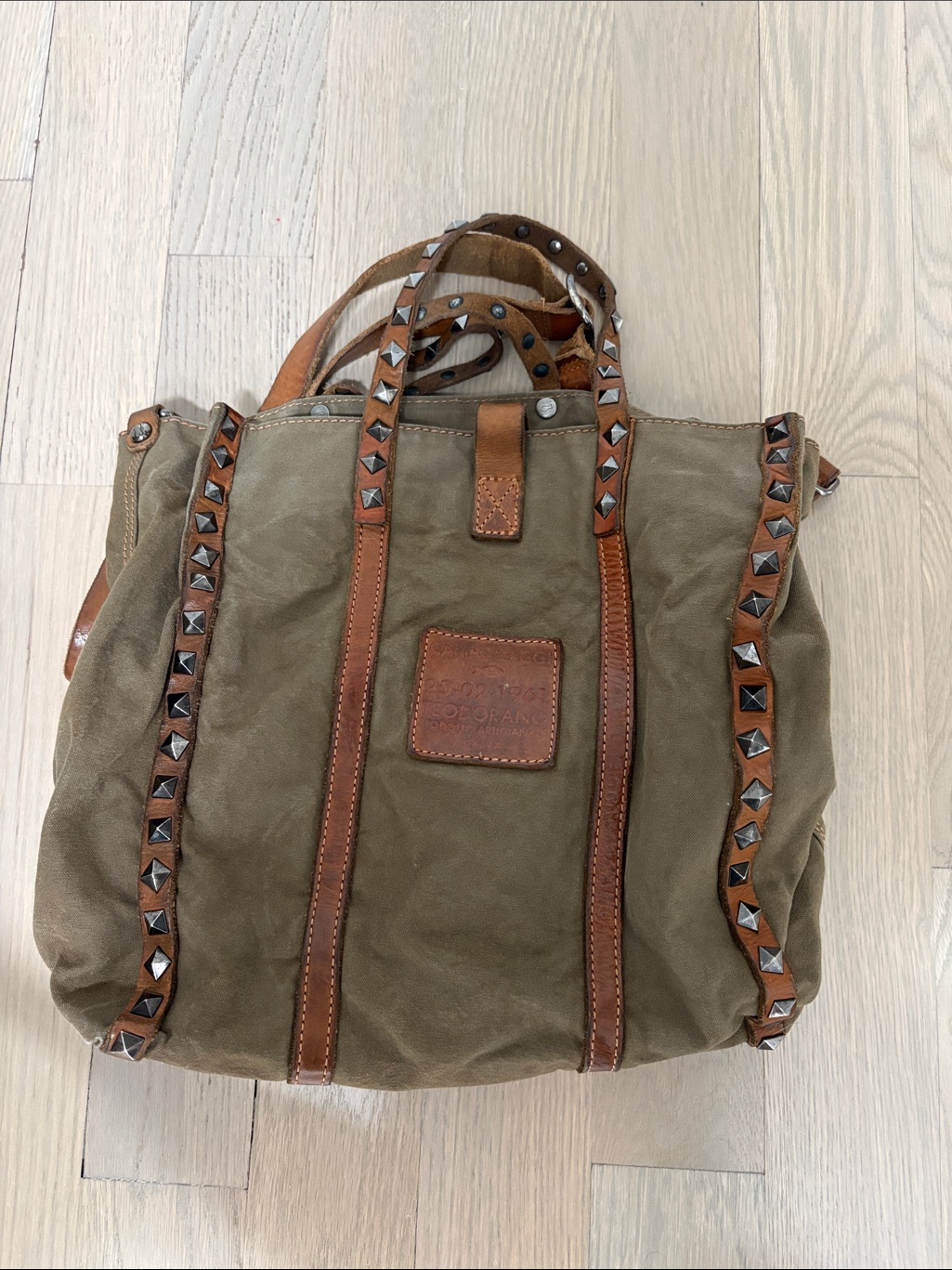 Campomaggi Olive Canvas Tote With Brown Leather Trim And Stud Accents